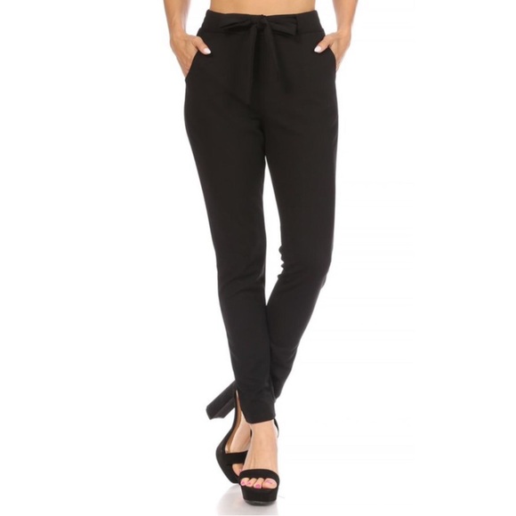 Pants - Black Knit Crepe High Waist Paperbag Waist Pants